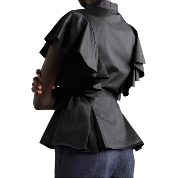 Adam LIPPES Ruffled cotton-poplin short sleeve button down blouse top size 12 - Picture 7 of 16